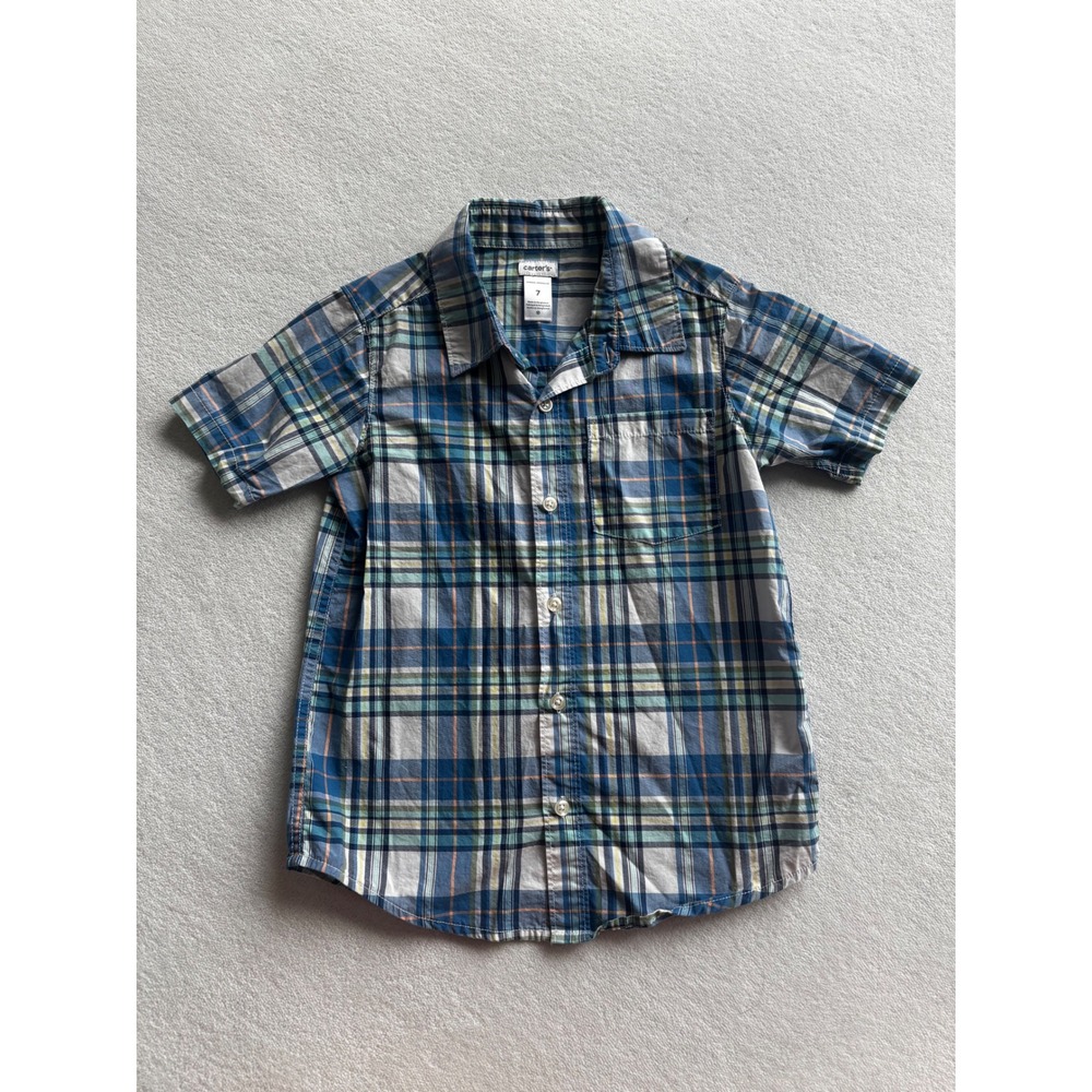 Carter's Plaid Button Down Shirt Kids Boys Size 7 Blue Green Short Sleeve Cotton - Picture 1 of 7